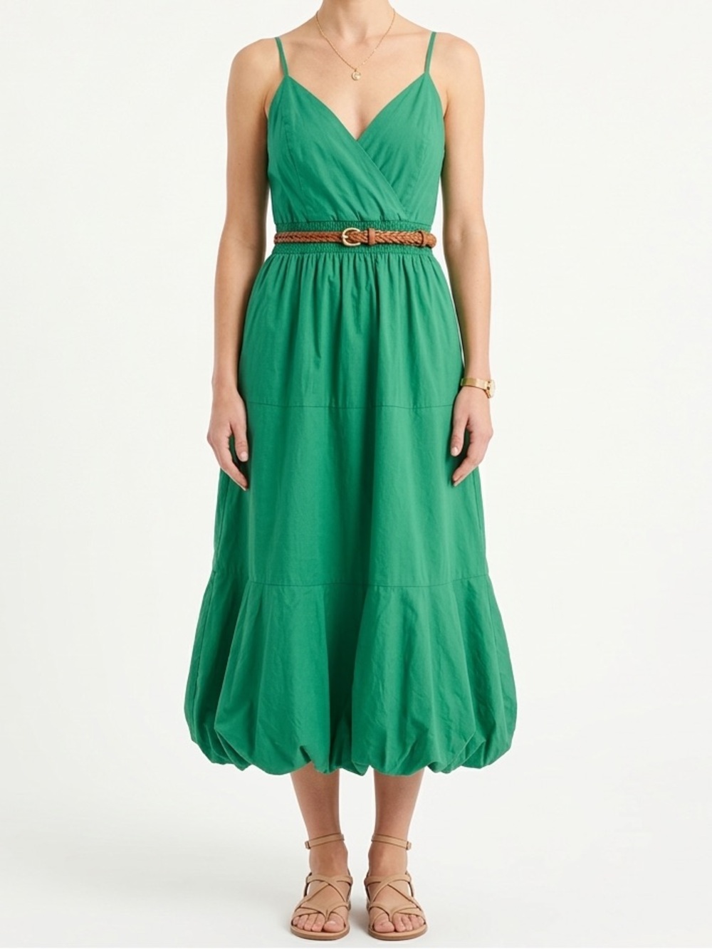 Monteau Los Angeles Bubble Hem Green Midi Dress Spaghetti Straps with Pockets L - Picture 4 of 16